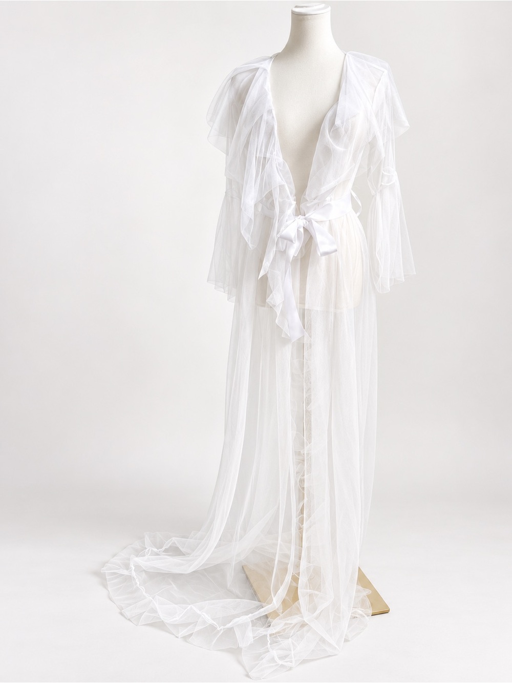 New White Bridal Tulle Robe Sheer Long Wedding Getting Ready Robe Satin Tie s/m